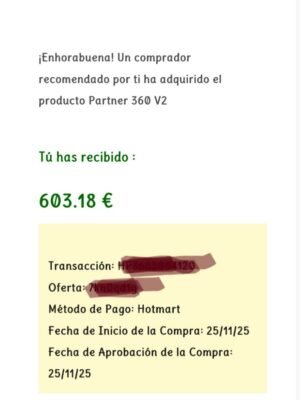 Captura de una venta de 603,18 € realizada por un alumno de Partner360 y compartida dentro de la comunidad como prueba de resultados.