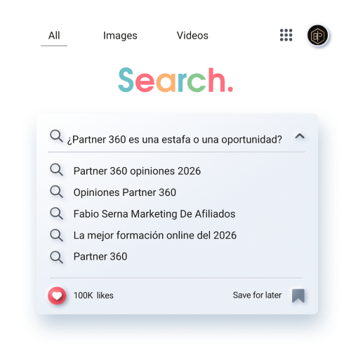 Captura de pantalla con búsquedas populares sobre Partner 360, incluyendo ‘Partner 360 es una estafa’, opiniones 2025 y marketing de afiliados de Fabio Serna.