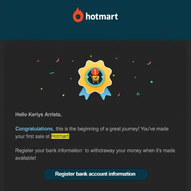 Notificación de Hotmart felicitando por la primera venta del curso Partner360 V2, 461,81€ recibidos