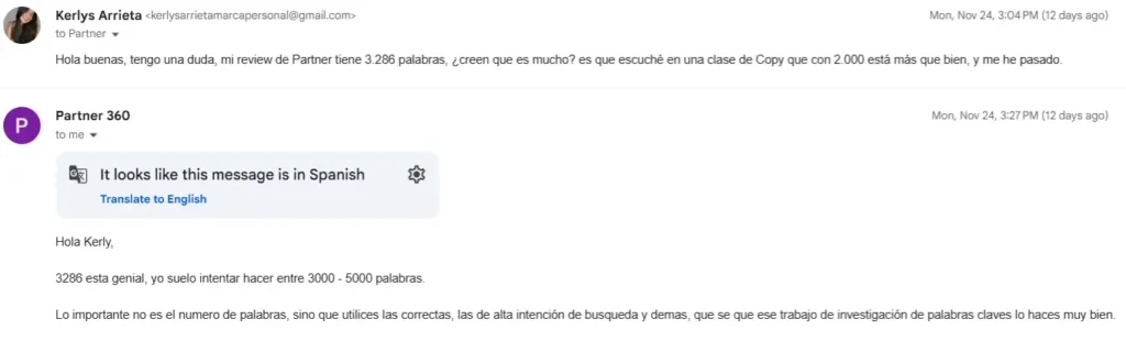 Captura real de la respuesta del soporte de Partner 360, demostrando atención rápida, clara y eficiente para resolver dudas y acompañar a los afiliados en cada paso.