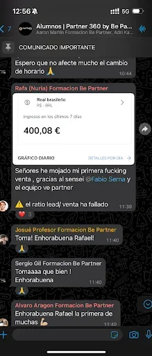 Mensaje en grupo de Partner360 celebrando una venta real de un alumno por 400,08 € en Hotmart