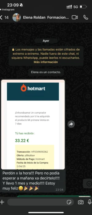 Captura de una venta de 33,20 € realizada por un alumno de Partner360 y compartida como prueba de sus primeros resultados