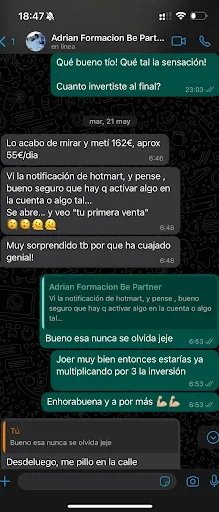 Mensaje de un alumno compartiendo con entusiasmo su primera venta obtenida gracias al programa Partner360
