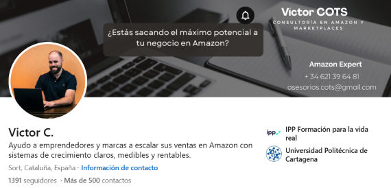 Perfil de LinkedIn de Víctor, cofundador de AMZN Elite y experto en Amazon FBA y marca privada