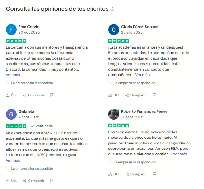 Opiniones reales de alumnos de AMZN Elite que venden en Amazon FBA con marca privada
